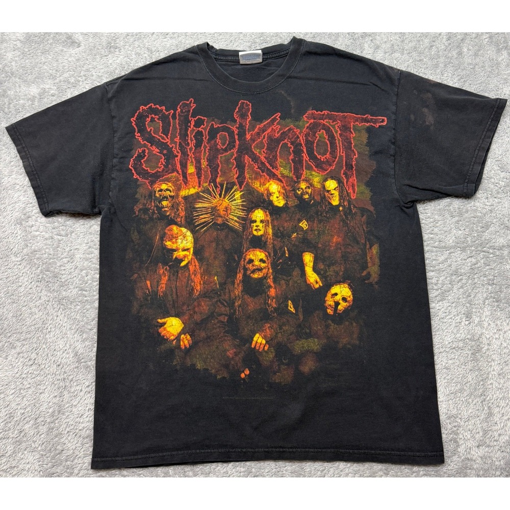 Vintage Y2K Slipknot Band Shirt L Double Sided Graphic Heavy Metal Black Faded